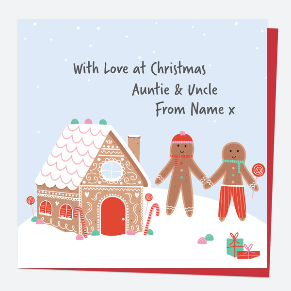 Personalised Single Christmas Card - Sweet Christmas - Gingerbread Scene - Auntie & Uncle