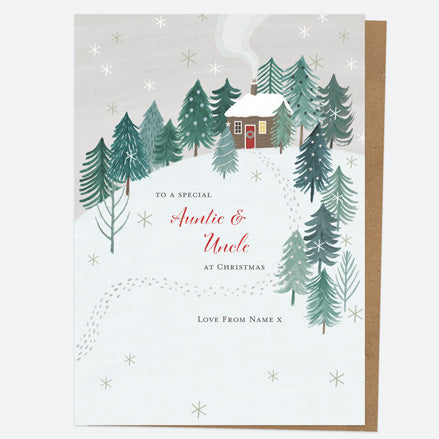 Personalised Single Christmas Card - Winter Wonderland - Cosy Cottage - Auntie & Uncle