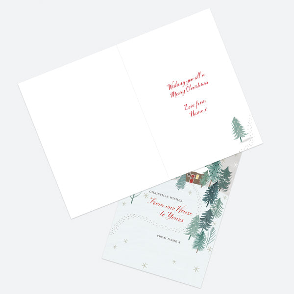Personalised Single Christmas Card - Winter Wonderland - Cosy Cottage - Our House To Yours