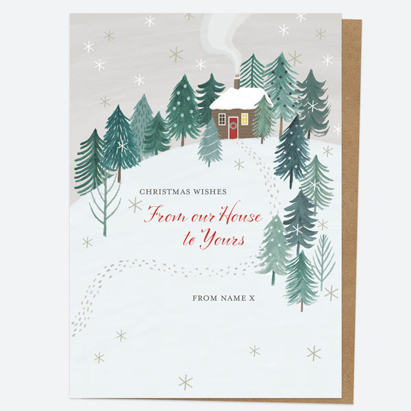 Personalised Single Christmas Card - Winter Wonderland - Cosy Cottage - Our House To Yours