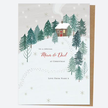 Personalised Single Christmas Card - Winter Wonderland - Cosy Cottage - Mum & Dad