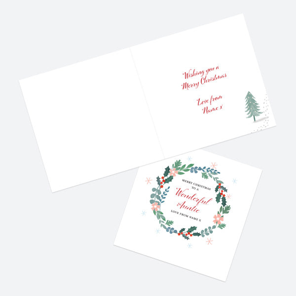Personalised Single Christmas Card - Winter Wonderland - Holly Wreath - Auntie