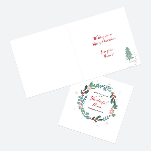 Personalised Single Christmas Card - Winter Wonderland - Holly Wreath - Mum