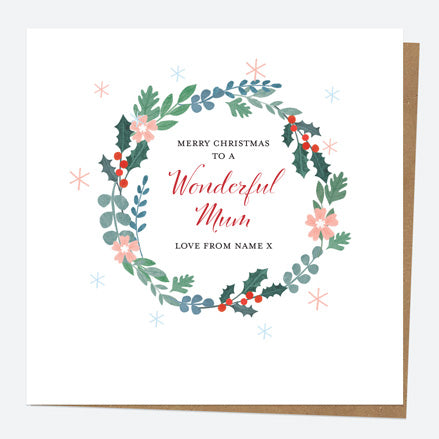 Personalised Single Christmas Card - Winter Wonderland - Holly Wreath - Mum