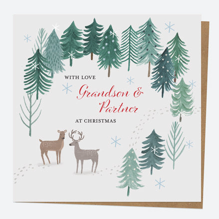 Personalised Single Christmas Card - Winter Wonderland - Reindeer Forest - Grandson & Partner