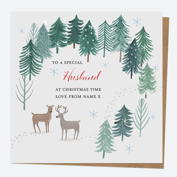 Personalised Single Christmas Card - Winter Wonderland - Reindeer Forest - Husband