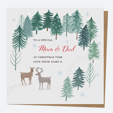 Personalised Single Christmas Card - Winter Wonderland - Reindeer Forest - Mum & Dad