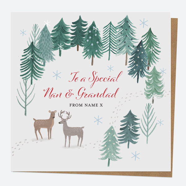 Personalised Single Christmas Card - Winter Wonderland - Reindeer Forest - Nan & Grandad