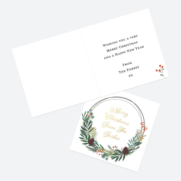 Luxury Foil Personalised Christmas Cards - Festive Foliage - Wreath - Pack of 10