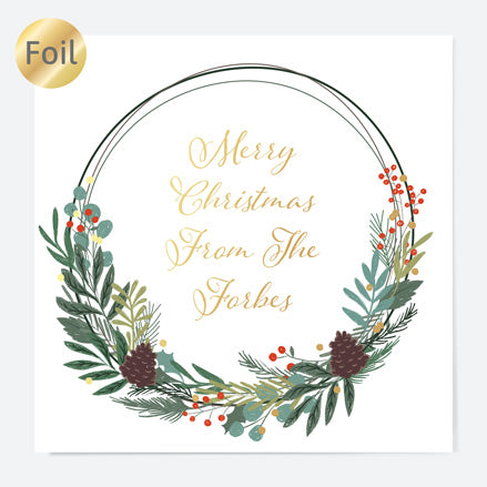 Luxury Foil Personalised Christmas Cards - Festive Foliage - Wreath - Pack of 10