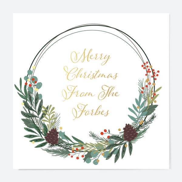 Luxury Foil Personalised Christmas Cards - Festive Foliage - Wreath - Pack of 10