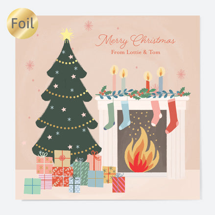 Luxury Foil Personalised Christmas Cards - Festive Sentiments - Fireplace - Pack of 10