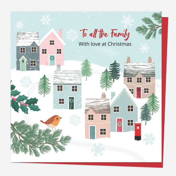 Christmas Card - Postbox & Robin - Village Scene - To All The Family