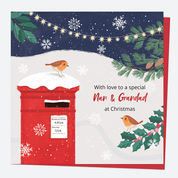 Christmas Card - Postbox & Robin - Night Lights - Nan & Grandad