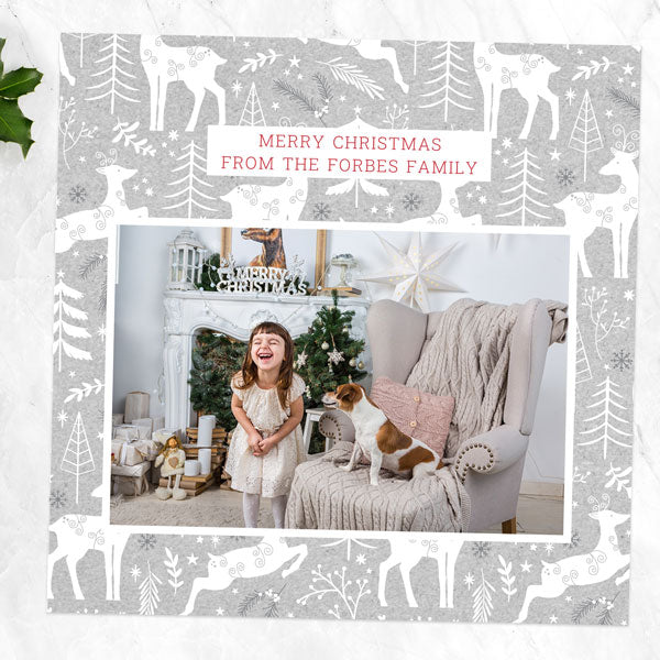 Personalised Christmas Cards - Woodland Scandi Pattern - Photo Reindeer - Pack of 10