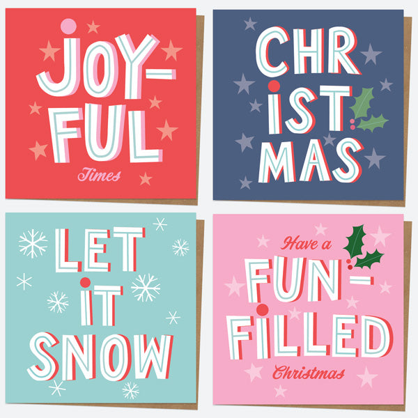 Christmas Cards - Yuletide Typography - Mixed Pack of 12