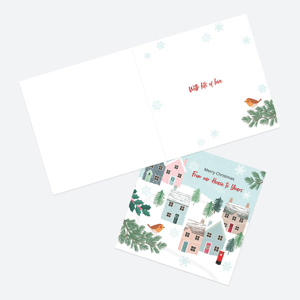 Christmas Card - Postbox & Robin - Village Scene - From Our House To Yours