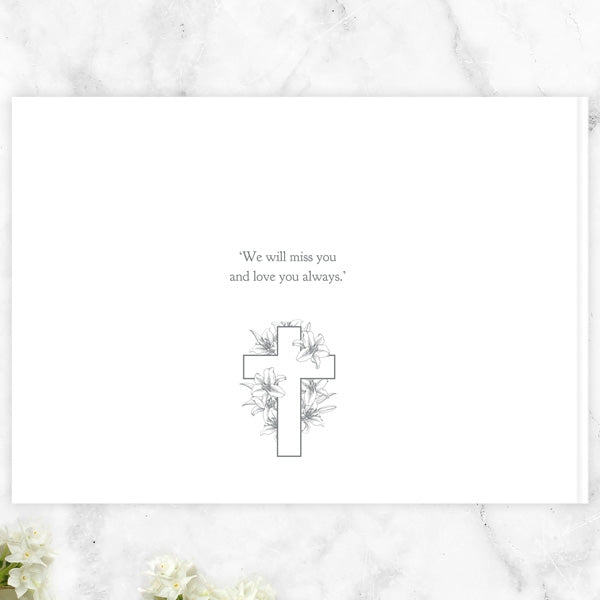 Condolence Guest Book - White Lilies Cross