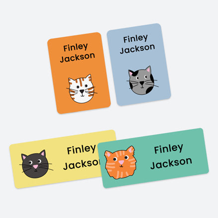 Mixed Pack Personalised Stick On Waterproof Name Labels - Cool Cats - Pack of 43