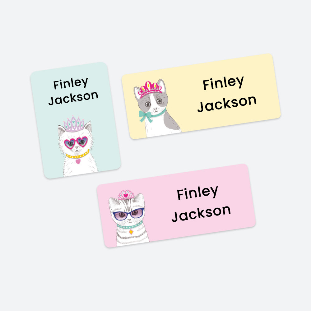 Mixed Pack Personalised Stick On Waterproof Name Labels - Cool Princess Kittens - Pack of 43