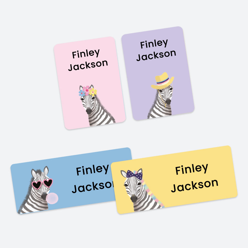 Mixed Pack Personalised Stick On Waterproof Name Labels - Cool Zebra - Pack of 43