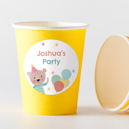 Dotty Party Bear - Yellow Cups and Round Stickers - Pack of 8