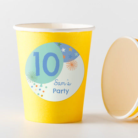 Boys Party Balloons Age 10 - Yellow Cups and Round Stickers - Pack of 8