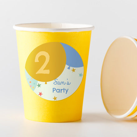 Boys Party Balloons Age 2 - Yellow Cups and Round Stickers - Pack of 8