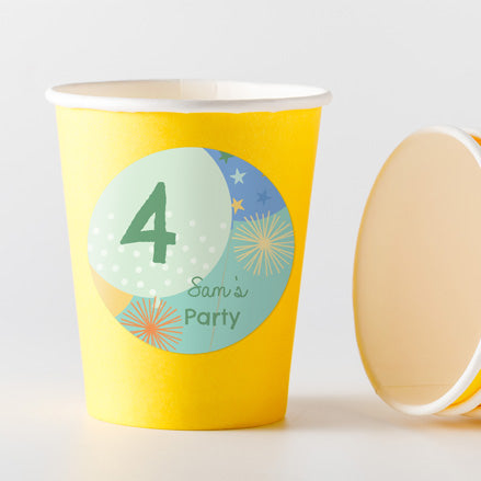 Boys Party Balloons Age 4 - Yellow Cups and Round Stickers - Pack of 8