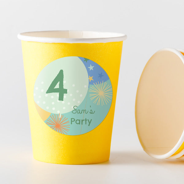 Boys Party Balloons Age 4 - Yellow Cups and Round Stickers - Pack of 8
