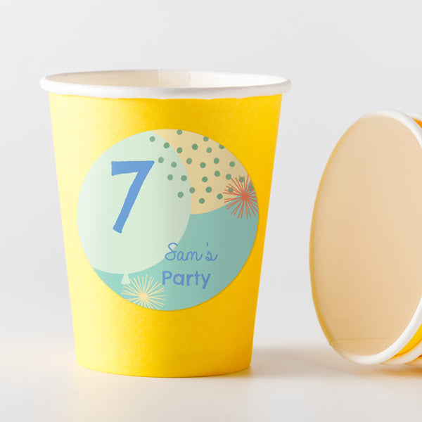 Boys Party Balloons Age 7 - Yellow Cups and Round Stickers - Pack of 8