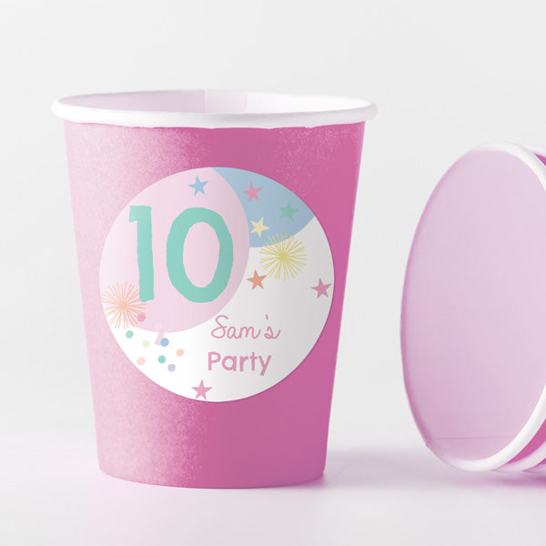 Girls Party Balloons Age 10 - Pink Cups and Round Stickers - Pack of 8