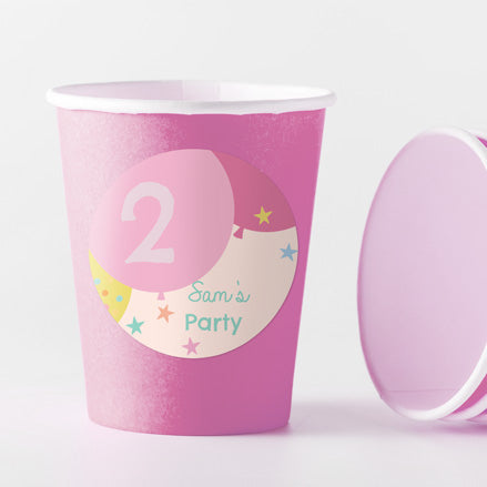 Girls Party Balloons Age 2 - Pink Cups and Round Stickers - Pack of 8