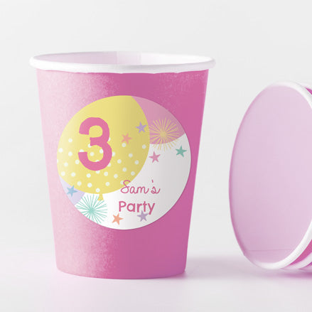 Girls Party Balloons Age 3 - Pink Cups and Round Stickers - Pack of 8
