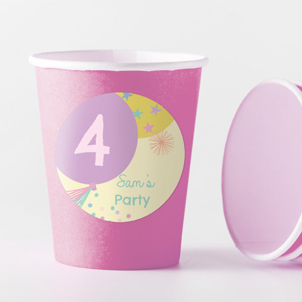 Girls Party Balloons Age 4 - Pink Cups and Round Stickers - Pack of 8