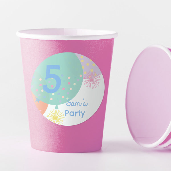 Girls Party Balloons Age 5 - Pink Cups and Round Stickers - Pack of 8
