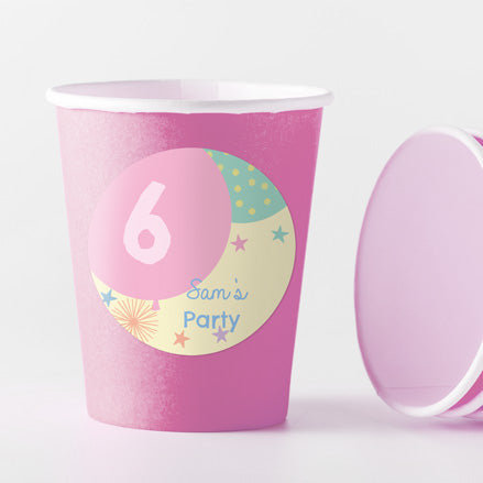 Girls Party Balloons Age 6 - Pink Cups and Round Stickers - Pack of 8