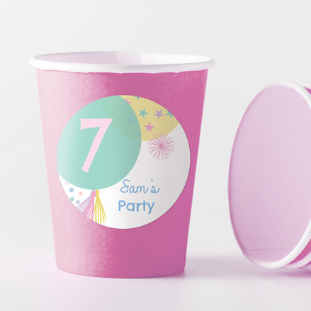 Girls Party Balloons Age 7 - Pink Cups and Round Stickers - Pack of 8