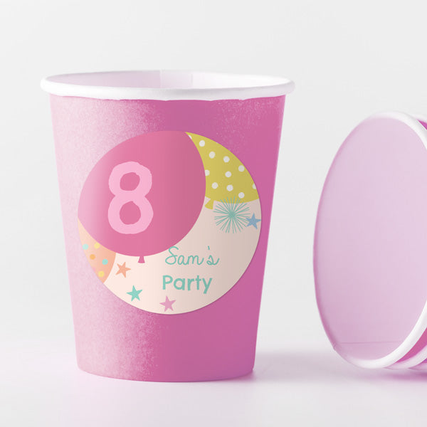 Girls Party Balloons Age 8 - Pink Cups and Round Stickers - Pack of 8