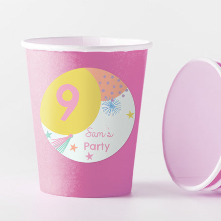 Girls Party Balloons Age 9 - Pink Cups and Round Stickers - Pack of 8