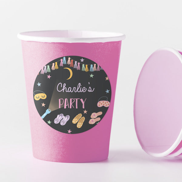 Girls Sleepover - Pink Cups and Round Stickers - Pack of 8