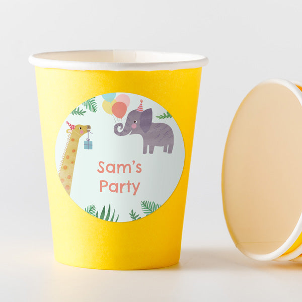 Jungle Animals - Yellow Cups and Round Stickers - Pack of 8