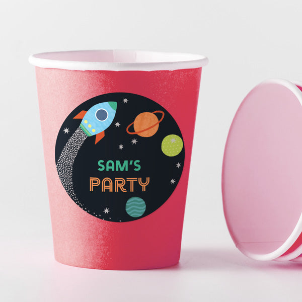 Outer Space - Red Cups and Round Stickers - Pack of 8