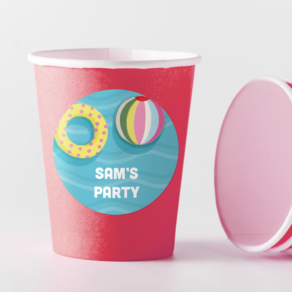 Pool Party Waves - Red Cups and Round Stickers - Pack of 8