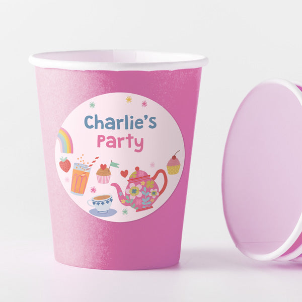 Tea Party - Pink Cups and Round Stickers - Pack of 8