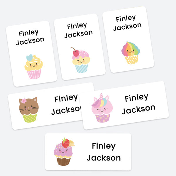 Mixed Pack Personalised Stick On Waterproof Name Labels - Cupcake Smiles - Pack of 43