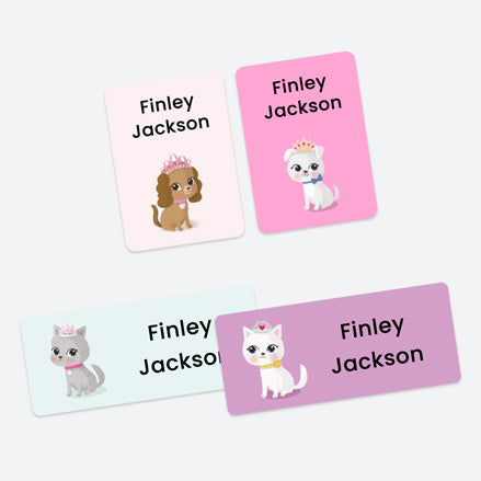 Mixed Pack Personalised Stick On Waterproof Name Labels - Cute Puppy & Kitten Princess - Pack of 43