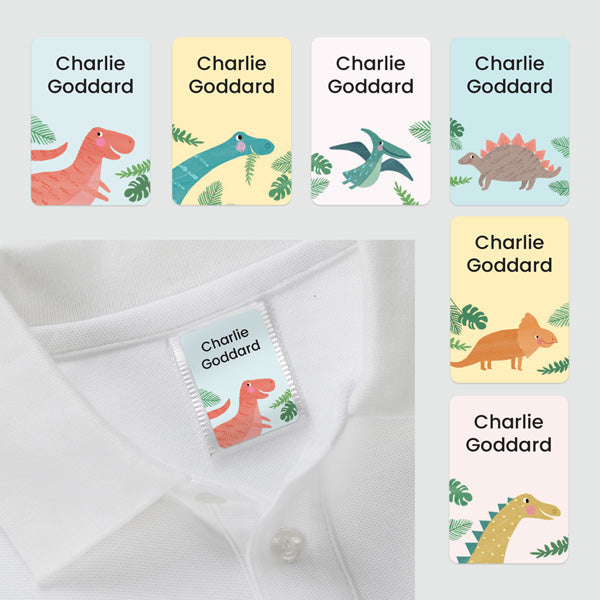 No Iron Personalised Stick On Clothing Name Labels - Dinosaur - Mixed Pack of 56