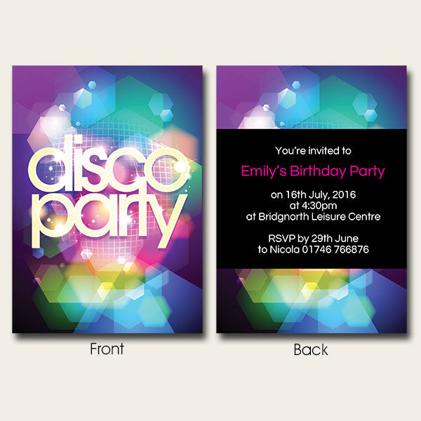 Personalised Kids Birthday Invitations - Disco Party - Pack of 10