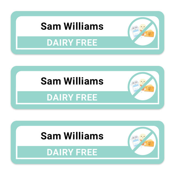 Medium Personalised Stick On Waterproof (Equipment) Allergy Name Labels - Dairy - Pack of 36